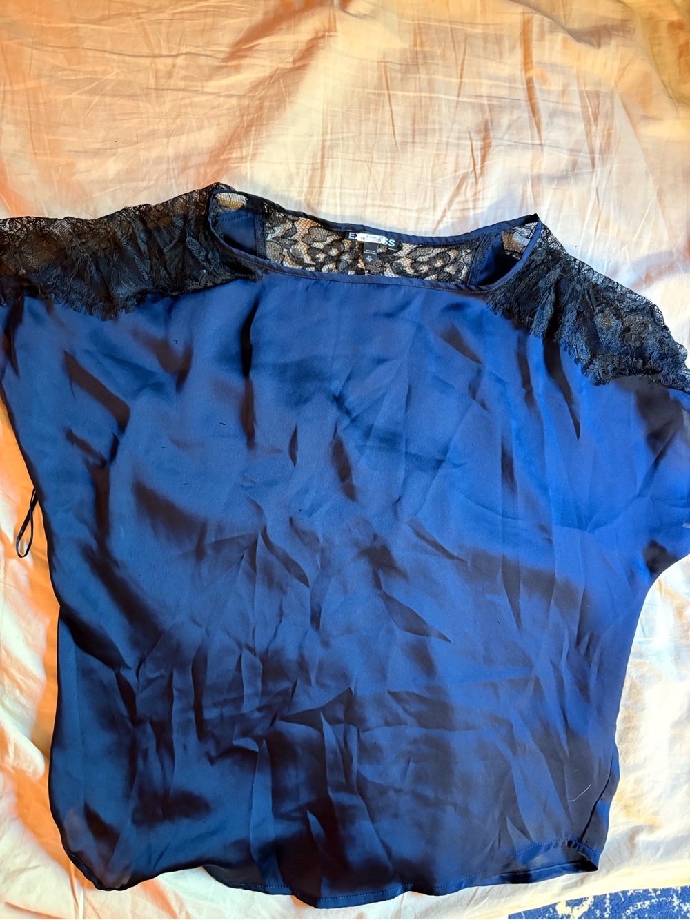 Express Navy Blue Top with Black Lace Yoke